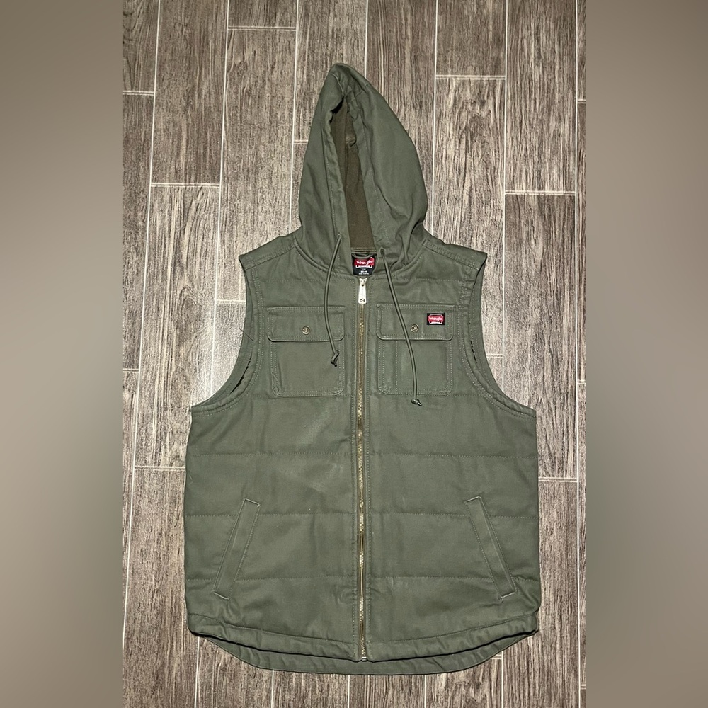 Wrangler Workwear Vest Mens Large Green Hooded Quilted Full Zip Duck Canvas